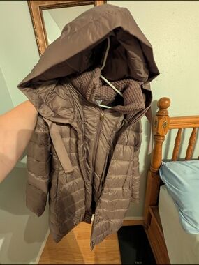 Tahari Quilted Knit-Trim Hooded Jacket in Taupe